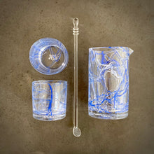 Load image into Gallery viewer, Strada in Blue Cocktail Set - One mixing glass, one spoon, and two rocks glasses.