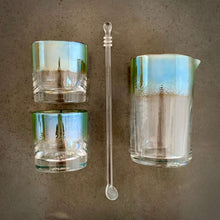 Load image into Gallery viewer, Antique Silver Cocktail Set - Alined in a grid pattern, two rocks glasses, one spoon, and one mixing glass, all with matching metallic silver / teal color band.