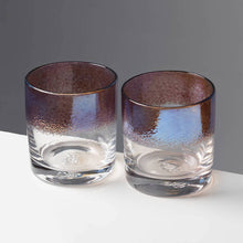 Load image into Gallery viewer, The Royal cocktail glasses with purple color stripe against a contrasting gray background.