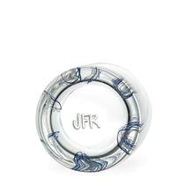 Load image into Gallery viewer, Rocks Glass with fine blue &amp; white lines and a stamp of the artists initials JFR.