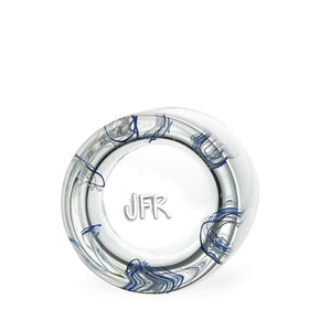 Rocks Glass with fine blue & white lines and a stamp of the artists initials JFR.