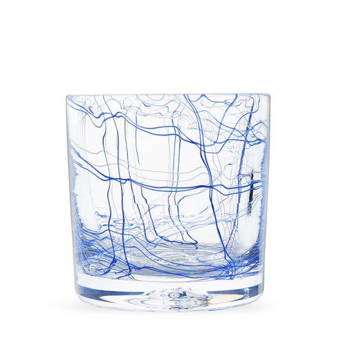 Strada Series in Blue rocks glass with interconnecting pattern of blue & white lines.